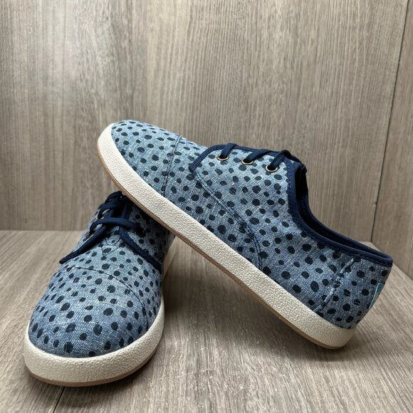 Toms Paseo Sneakers Youth Sz 6 Lace Up Flat Cornflower Slub Chambray Broken Dots - Picture 7 of 11